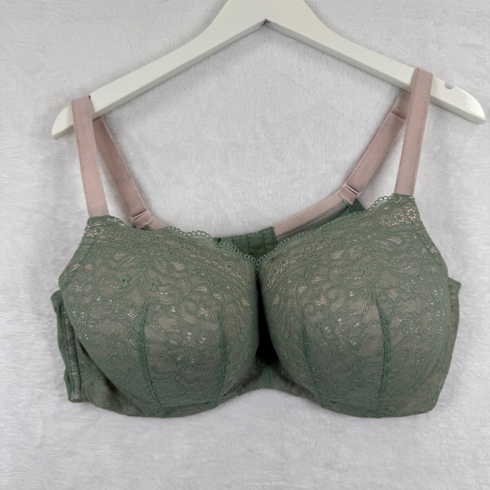 Cacique‎ Balconette Bra 42DD Sage Green Pink Floral Lace Velvet Straps